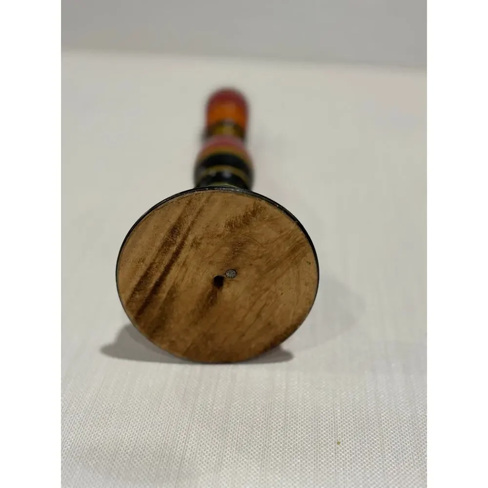 Wooden Folk Art striped candlestick red yellow black orange vintage hand painted
